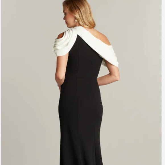 TADSHI SHOJI COPLEY ONE SHOULDER DRAPE CREPE BLACK/OFF WHITE BODY-CON GOWN XL - Picture 2 of 4
